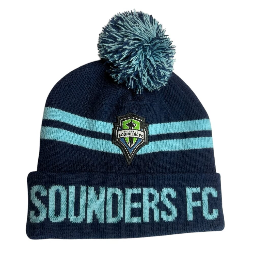Seattle Sounders FC Soccer Beanie Hat Blue stripe with Pom Pom Pouf on Top. Warm